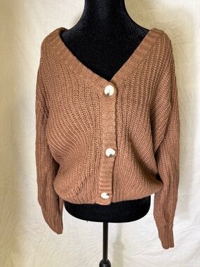 Brown Chunky Knit Button Front Cardigan with Oversized Fit